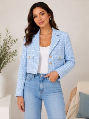 NWT Nine West Blue& White Tweed Cropped Blazer Gold Buttons Size Large